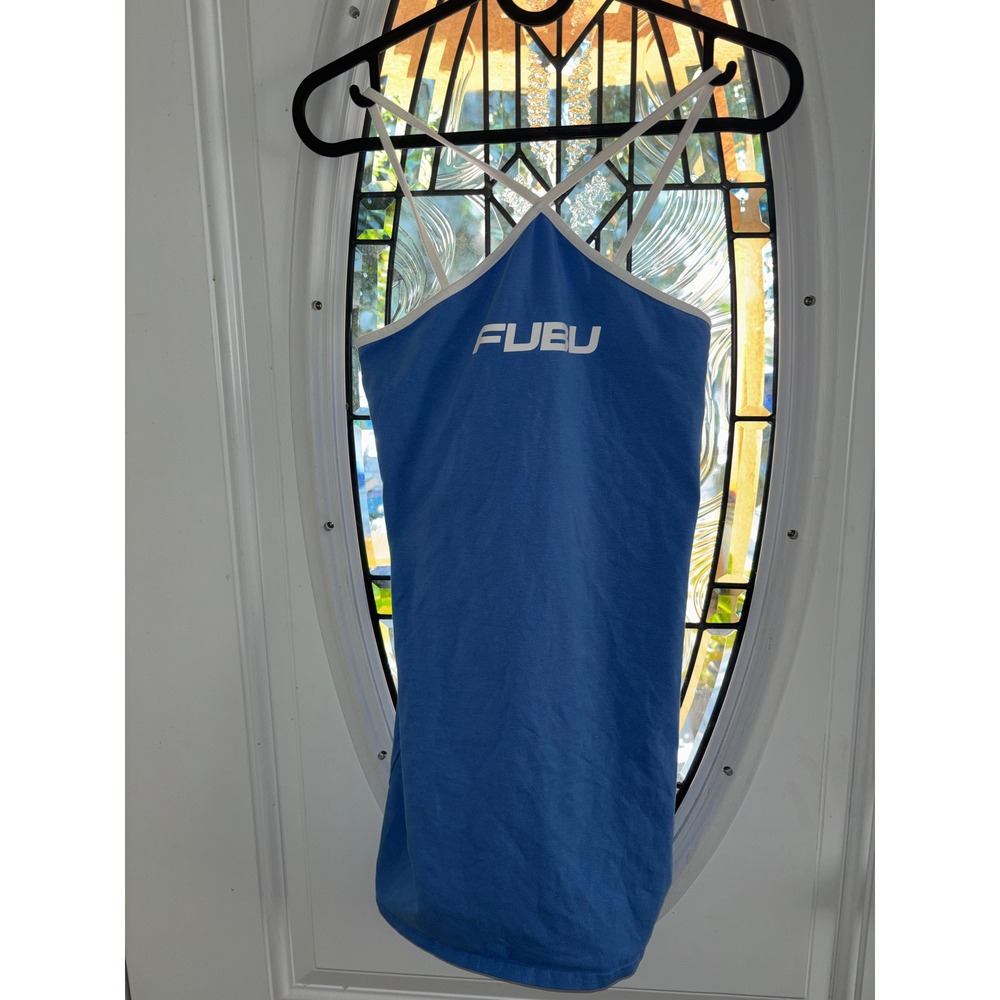 FUBU Forever 21 Blue Mini Dress Criss Cross Halter Logo Streetwear Womens
